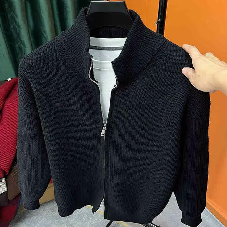 Solid-color Zip-up Cardigan Knitwear Men&