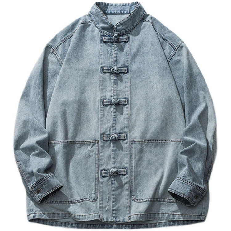 Retro Frog-Button Denim Shirt Unisex Stand-Up Collar Casual Jacket TRENDFLOW