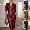 Amazon Independent Site European And American New Style PU Leather Dress For Women, V-neck, Long Sleeve, Waist-cinching, Slimming, Elegant Bodycon Dress