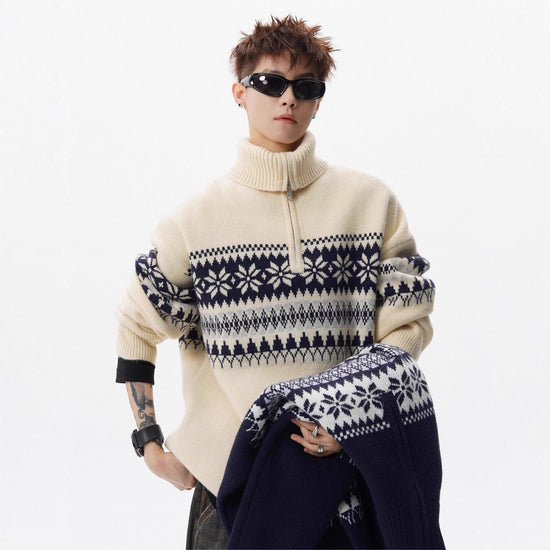 Loose-fitting Knitted Turtleneck Sweater With A Half-zip TRENDFLOW