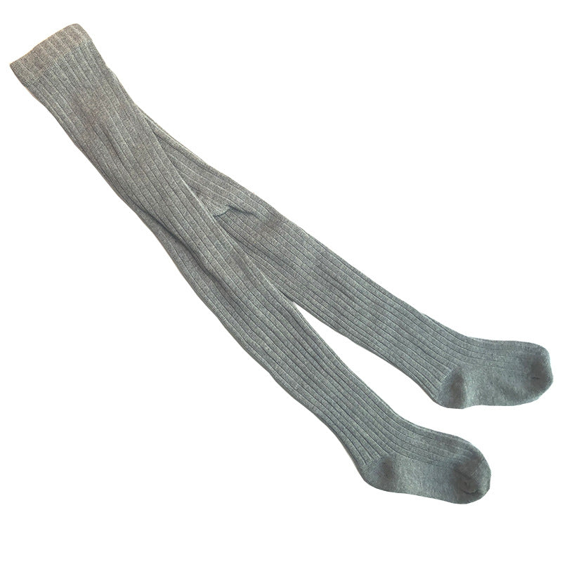 Solid-color Baby Cotton Tights With Ribbed Stripes