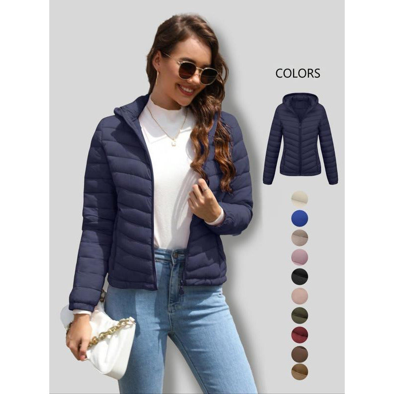 Women's Solid-Color Zippered Hooded Winter Coat Jacket Casual
