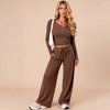 Buttoned Solid-color Long-sleeve Top And Wide-leg Pants Set