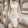 2026 European And American Style Mesh Patchwork Dress, High-Neck Lantern Sleeves, Slim Fit Bodycon Dress, Evening Gown For Women