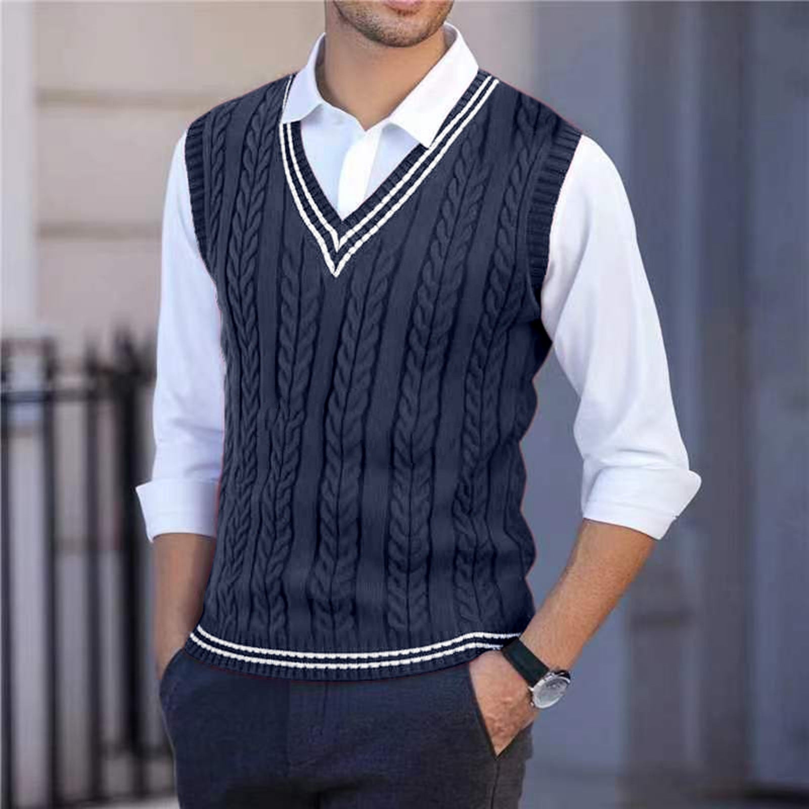 Men's V-neck Cabled Knit Vest