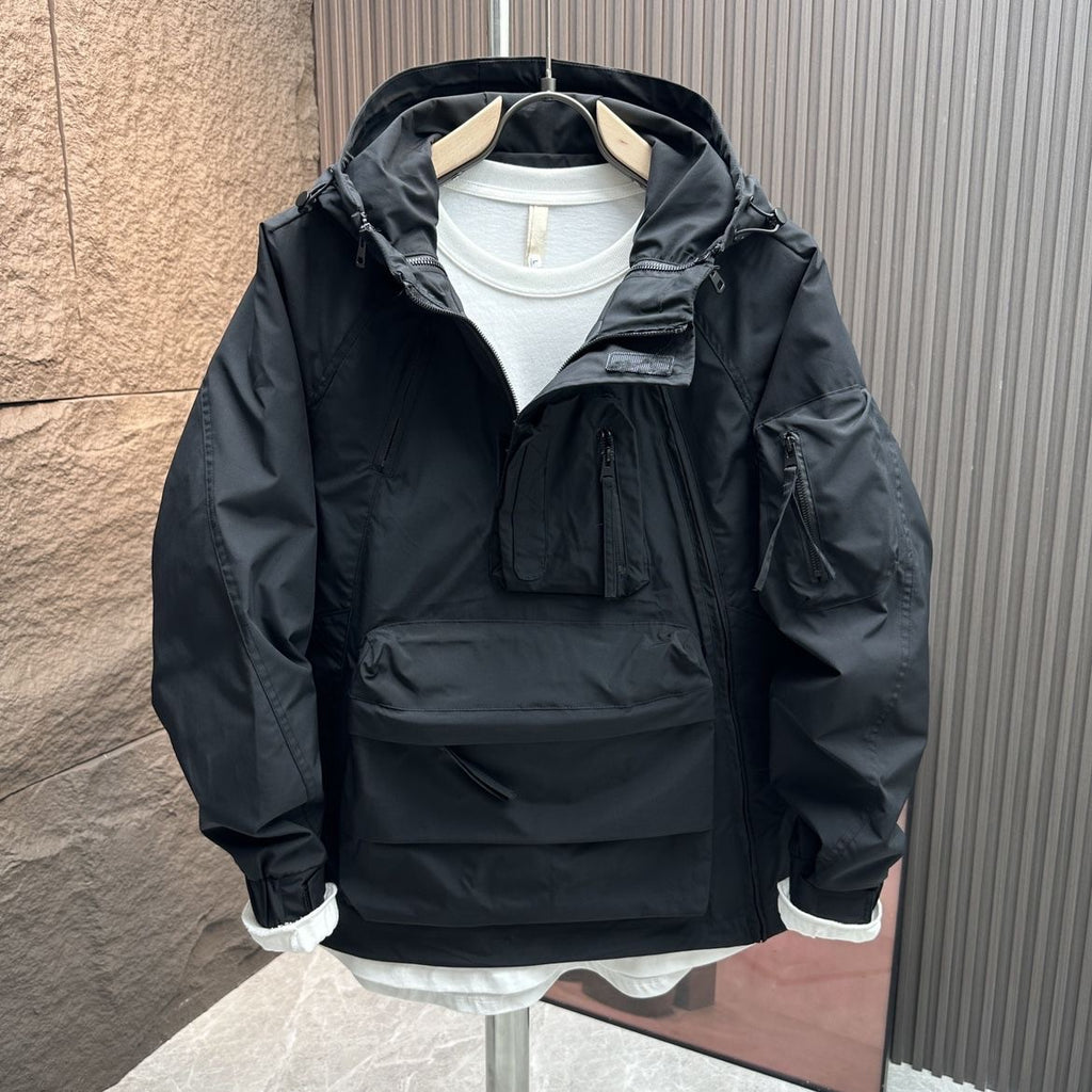 Giacca casual da lavoro con cappuccio, alla moda, ampia, multitasche, con cerniera