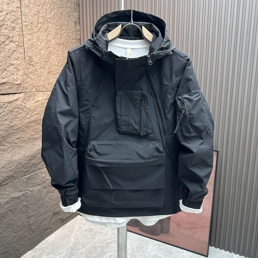 Giacca casual da lavoro con cappuccio, alla moda, ampia, multitasche, con cerniera