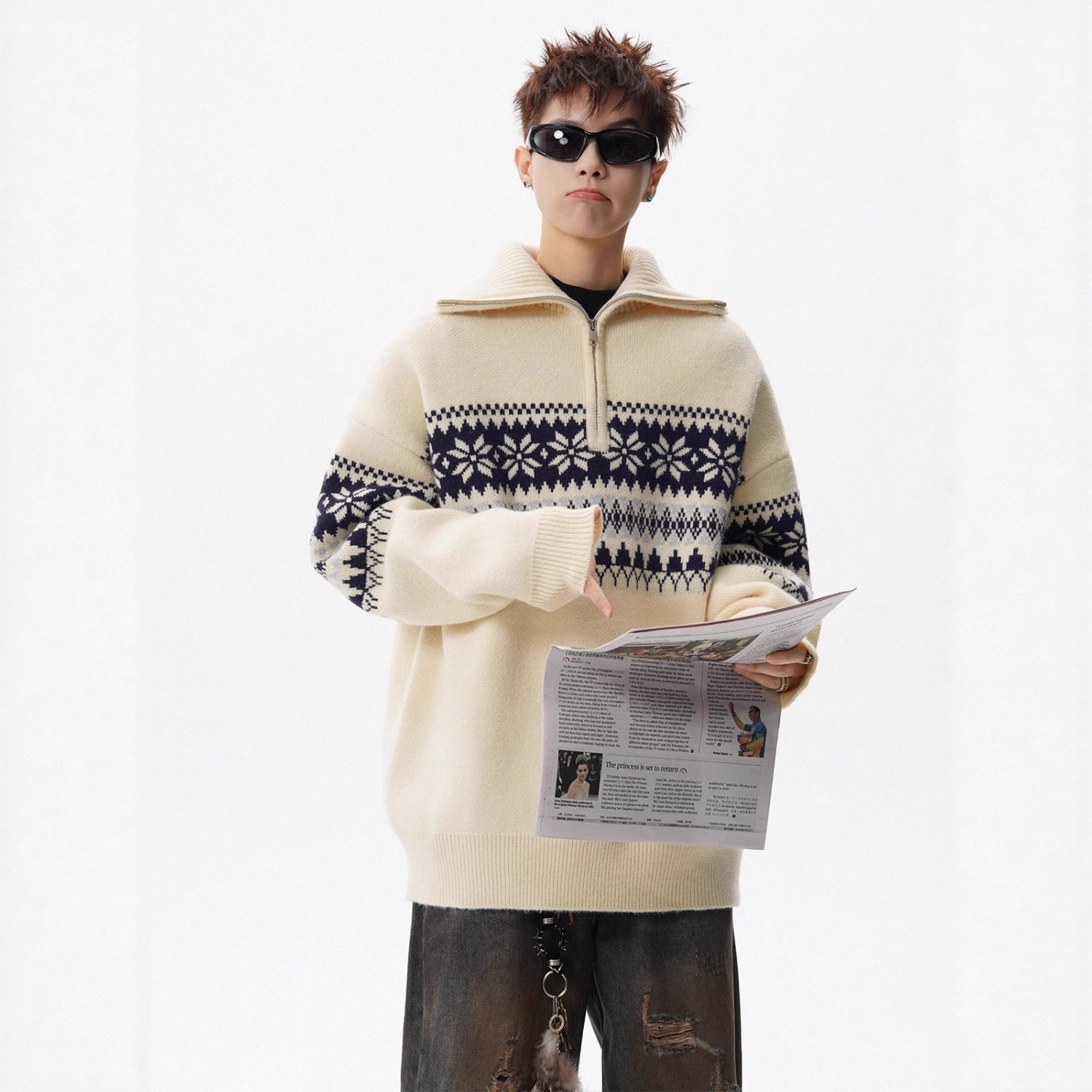 Loose-fitting Knitted Turtleneck Sweater With A Half-zip