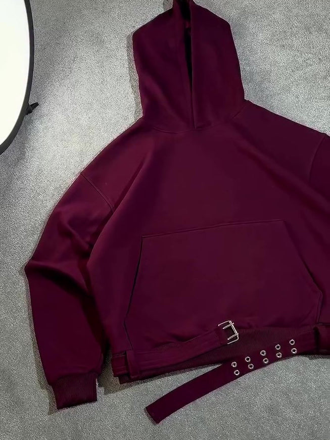 Burgundy Oversize Hoodie With Side Belt TRENDFLOW