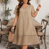 Women Plus Size V Neck Lace Trim Short Sleeve Woven Midi Dress