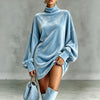 New Women's Turtleneck Sweatshirt, Velvet Outerwear, Loose Lantern Sleeve Solid Color Dress