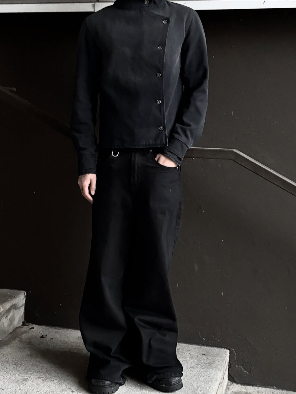 Black Asymmetrical Button Stand Collar Jacket