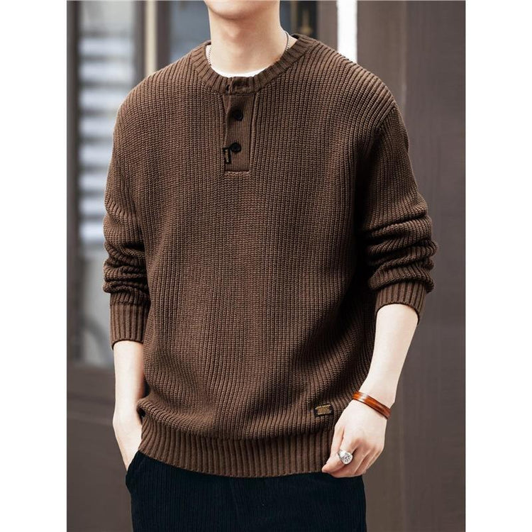 Vintage-style, Relaxed-fit, Thickened Vertical-striped Workwear Pullover Sweater TRENDFLOW