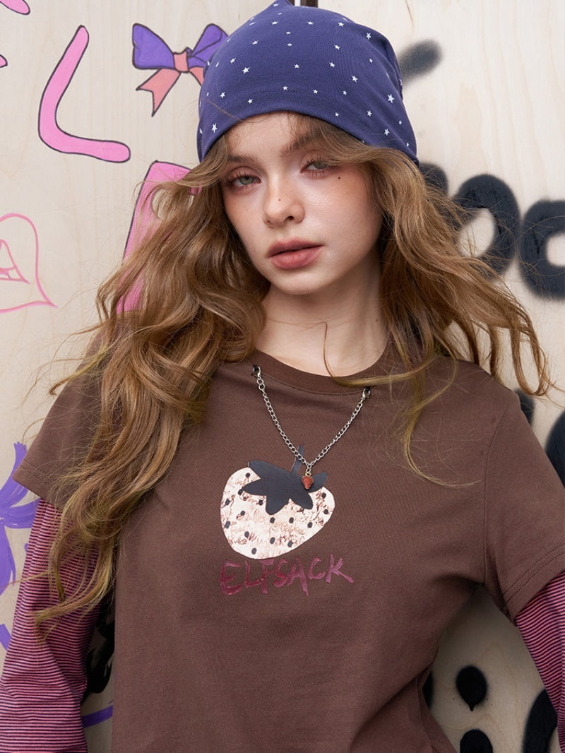 Berry Heart Berry Lung False Two-Piece Retro Strawberry Print Long Sleeve T-Shirt Women's Design Sense Top