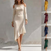 New Womens Round-neck Asymmetrical Ruffled Off-shoulder Long-sleeve Slim-fit Maxi Dress