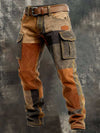 Vintage Stripe Patchwork Men Cargo Pants Multi Pockets Workwear Trousers Contrast Knee Splice Streetwear Casual Long Pants
