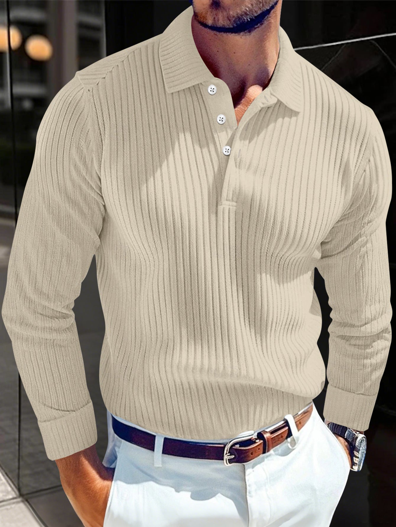 Men's T-shirt With A Turn-down Collar, Buttoned Long-sleeve Polo Shirt