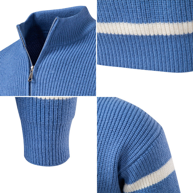 Oversize Zip-up Half-turtle Neck Color-block Striped Sweater For Men