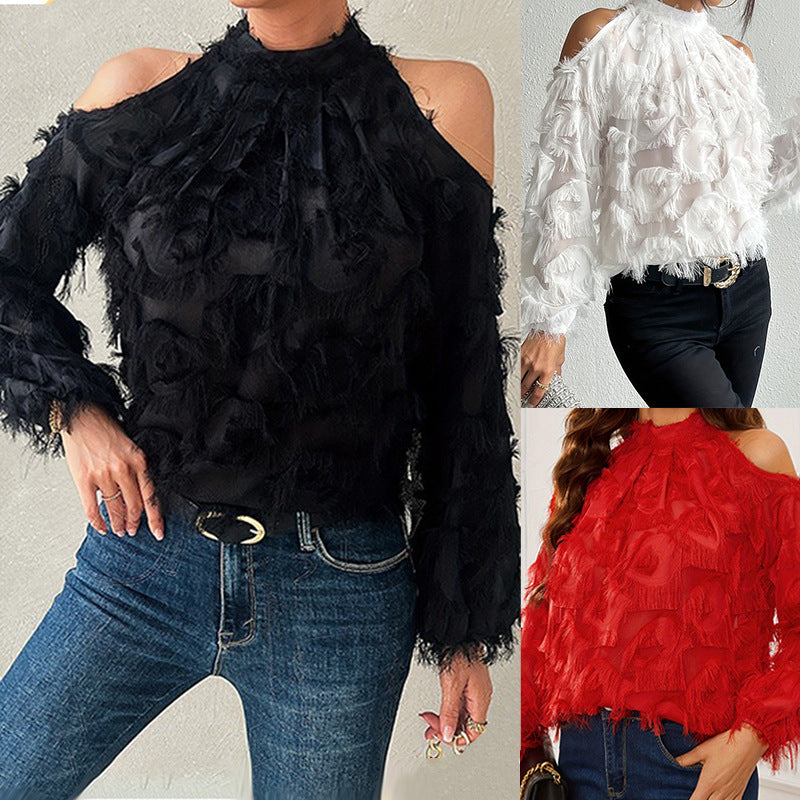 French-style Fringed Long-sleeve Off-shoulder Blouse For Everyday Commuting
