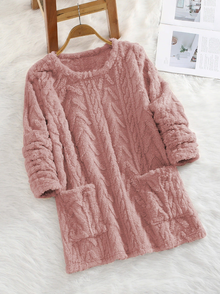 Teddy Fleece Jacquard Long-sleeve Casual Sweatshirt For Autumn And Winter Fluffy And Warm With Pocket Hood TRENDFLOW