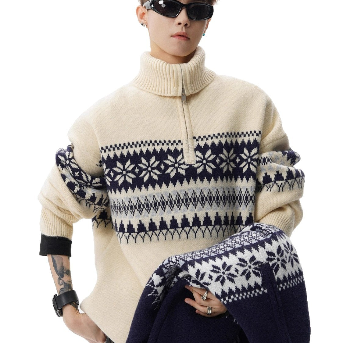 Loose-fitting Knitted Turtleneck Sweater With A Half-zip