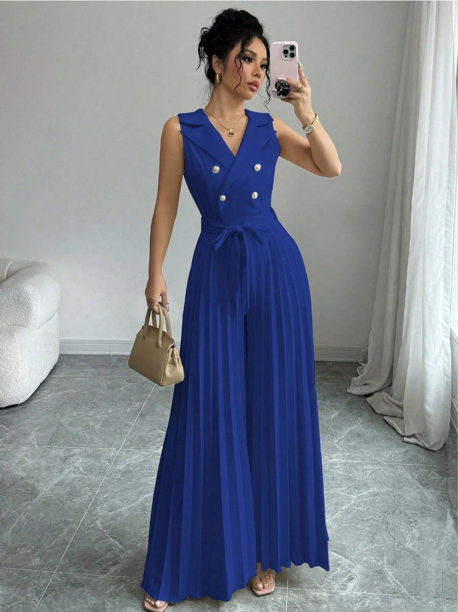 Suit Collar Bow Tie Belted Waist Pleated Jumpsuit