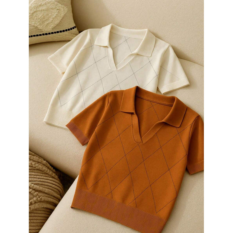 Women's Polo-Neck Diamond-Knit Short-Sleeve Pullover