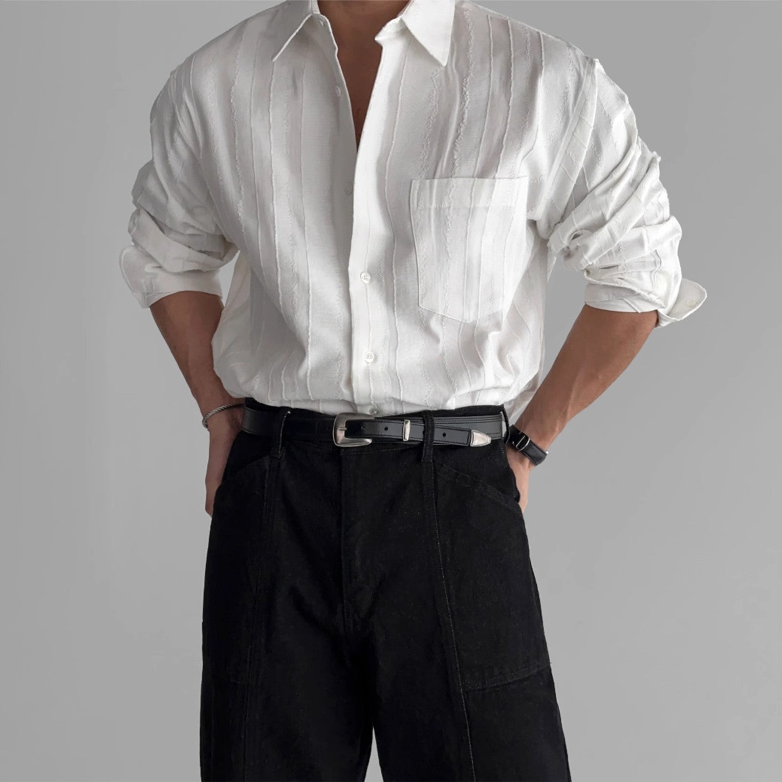 New High-end Textured Wide Solid Color Thin Pocket Long Sleeve Shirt