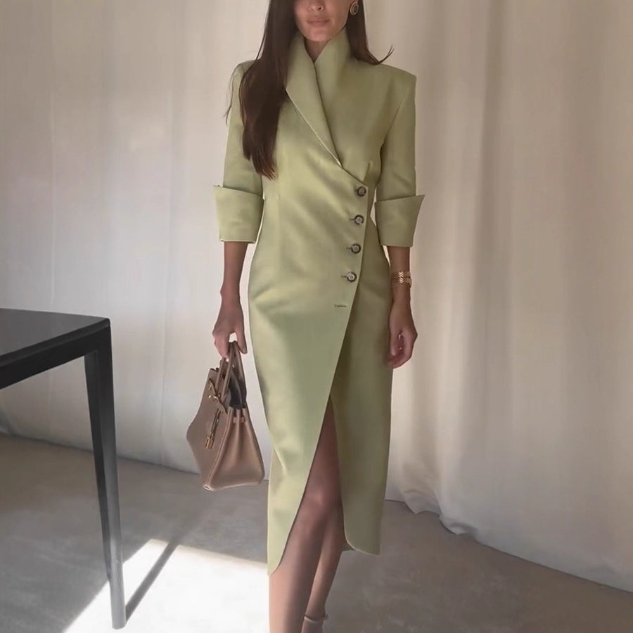 Women's Slim-fit Fashionable Suit-style Slanted-neck Solid-color Dress