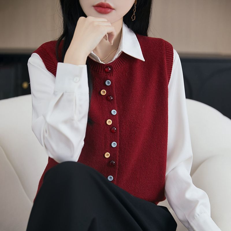 Women's Crew-Neck Knitted Cardigan Vest With Colorful Buttons
