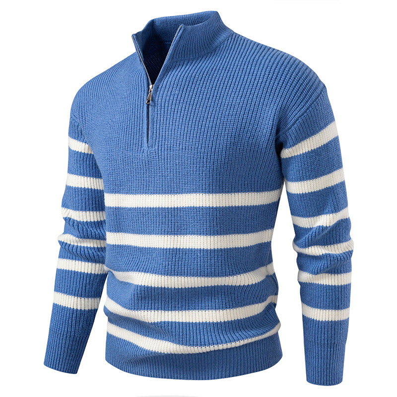 Oversize Zip-up Half-turtle Neck Color-block Striped Sweater For Men