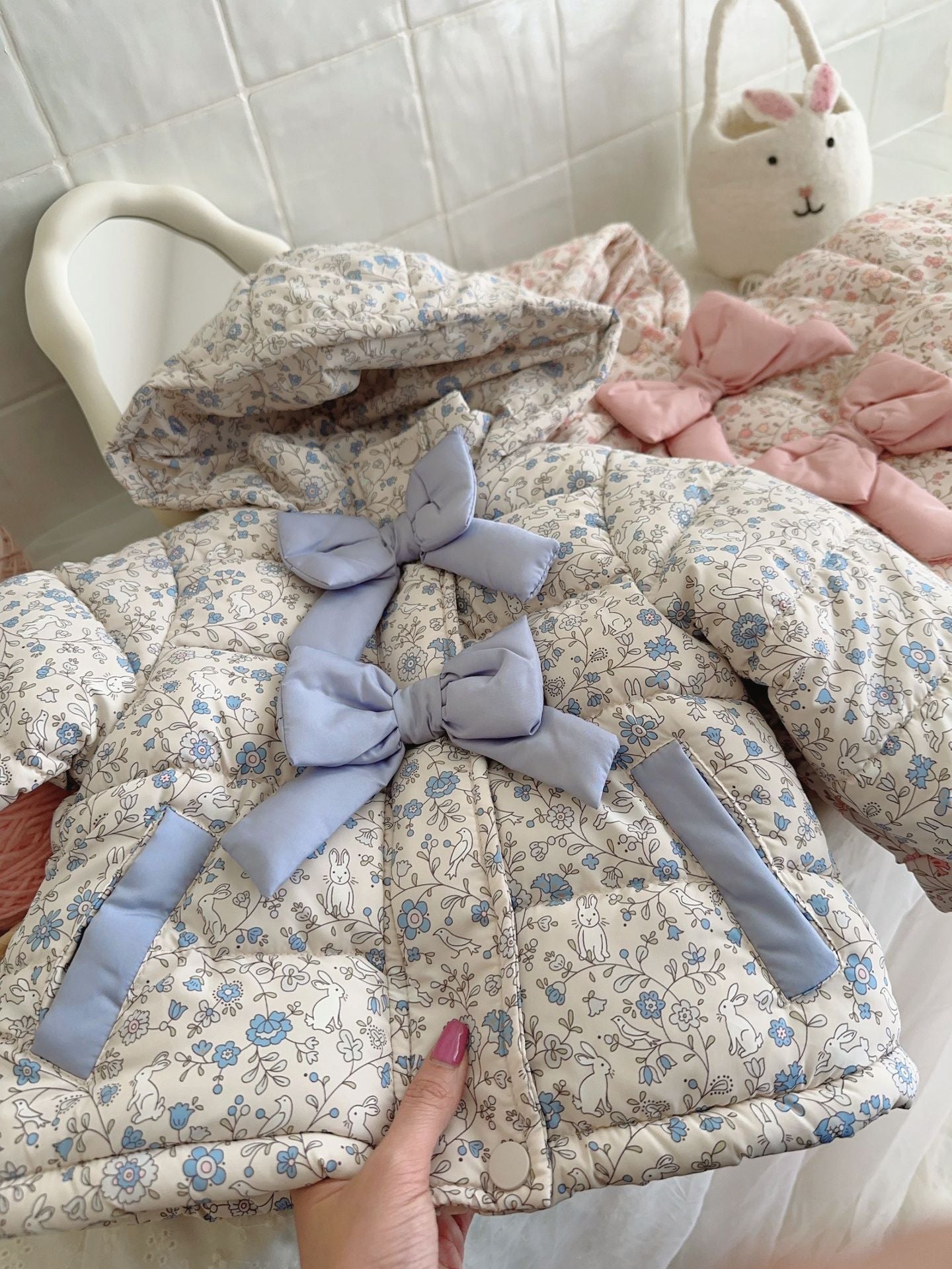 Winter Fashion Baby Floral Print Winter Bow Hooded Jacket
