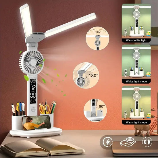 Foldable LED Table Light Eye Protection Multifunction Desk Lamp With Thermometer Calendar Fan Pen Holder Study Reading Fan Light TRENDFLOW