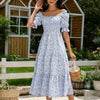 Women Floral Square Neck Puff Short Sleeve Woven Midi Dress