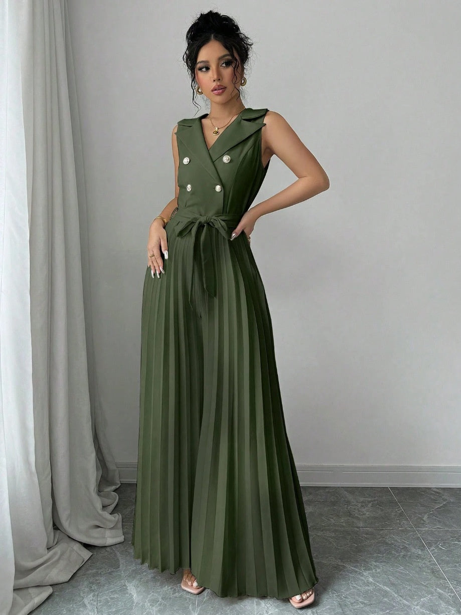 Suit Collar Bow Tie Belted Waist Pleated Jumpsuit
