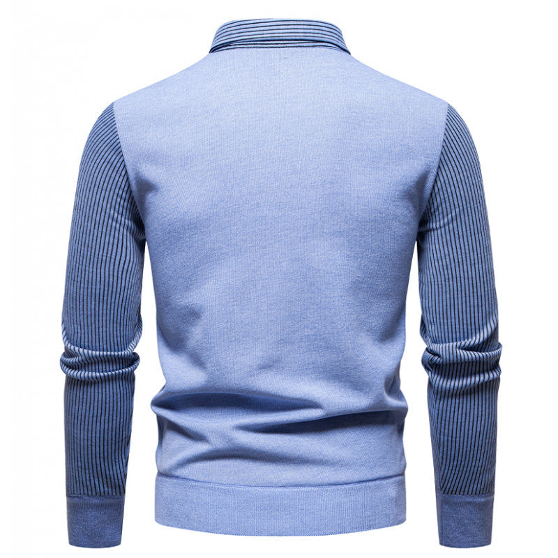 Autumn And Winter New Men's Long-sleeved Fake Two-piece Fashion Fleece-lined Striped Shirt