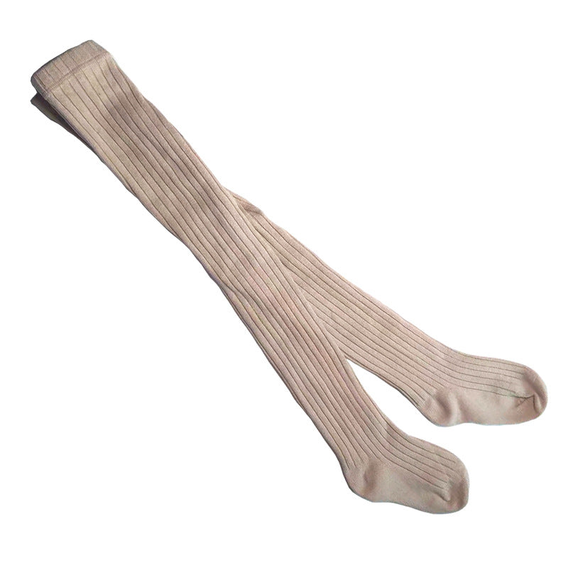 Solid-color Baby Cotton Tights With Ribbed Stripes