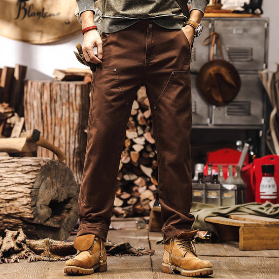 Retro Coffee-colored Denim Straight-leg Casual Trousers TRENDFLOW