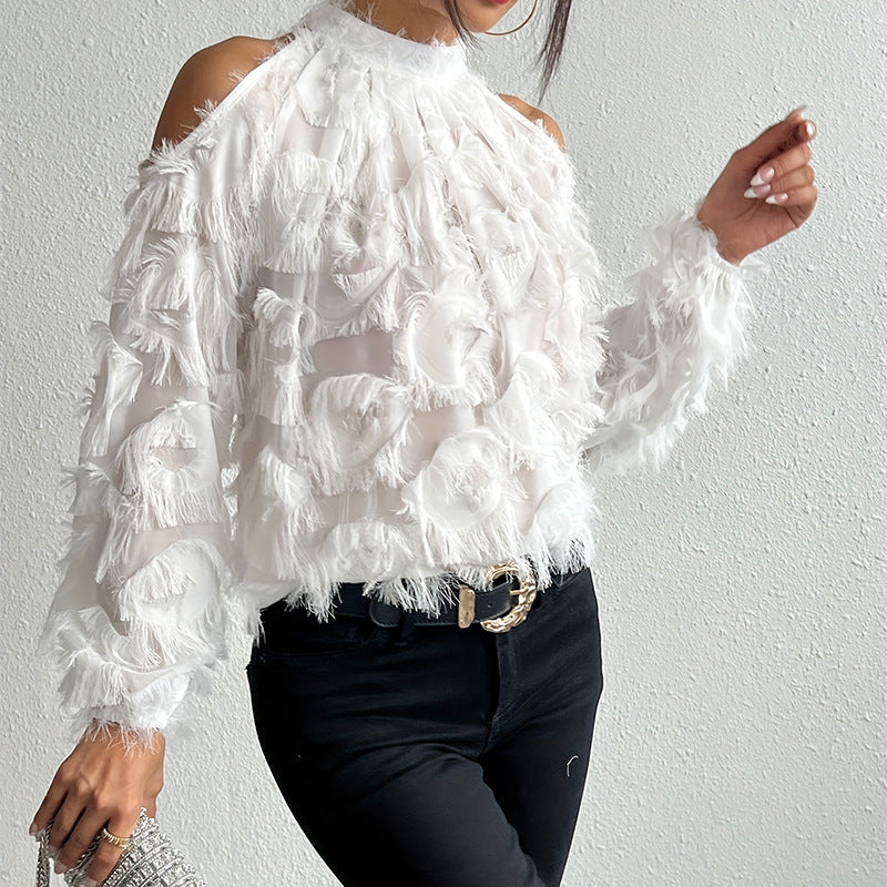 French-style Fringed Long-sleeve Off-shoulder Blouse For Everyday Commuting