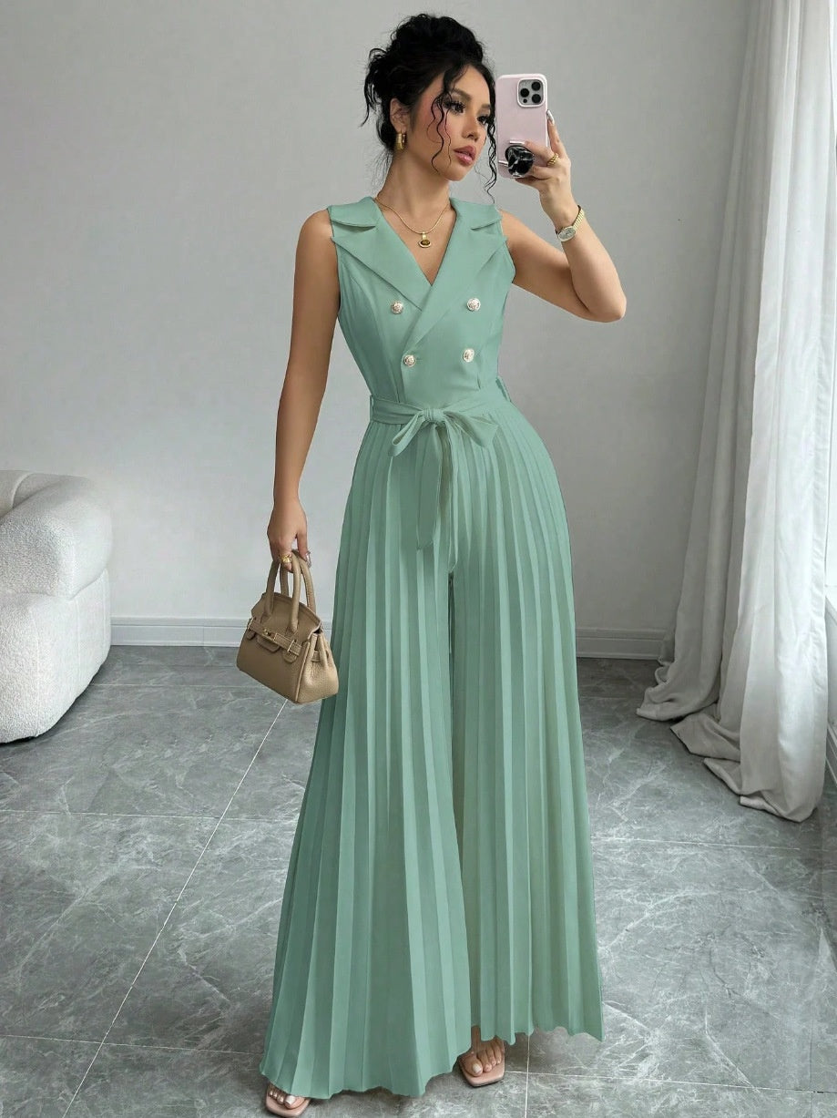 Suit Collar Bow Tie Belted Waist Pleated Jumpsuit