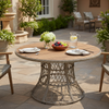 Durable Outdoor Dining Table - Round Acacia Wood Top & Wicker Base, Brown Patio Table For 4 - 6, Garden Outdoor Furniture  Compatible With Matching Chairs
