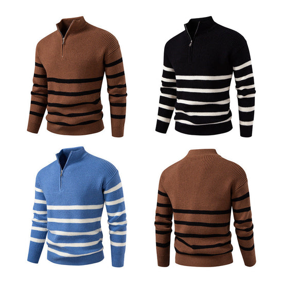 Oversize Zip-up Half-turtle Neck Color-block Striped Sweater For Men TRENDFLOW