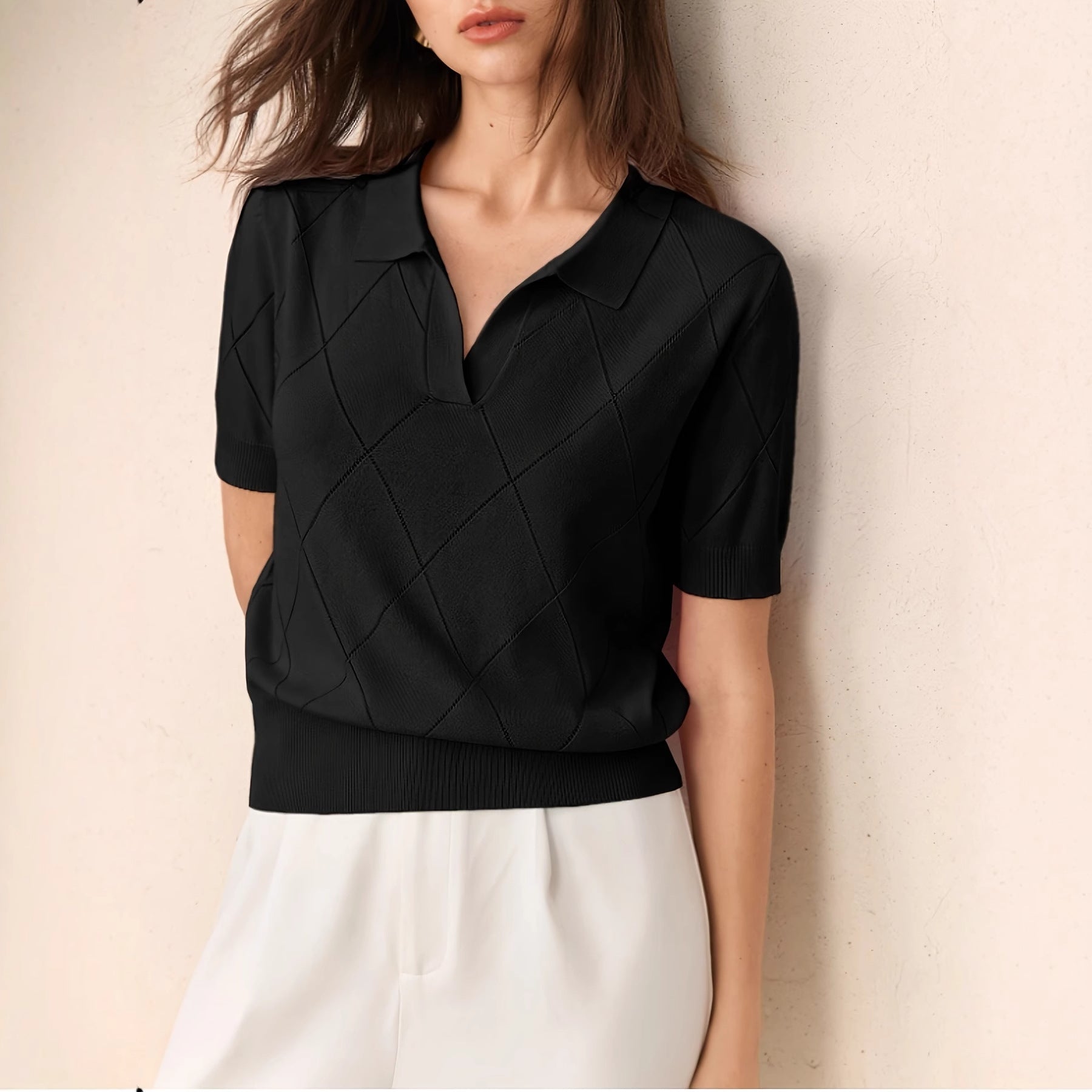 Women's Polo-Neck Diamond-Knit Short-Sleeve Pullover