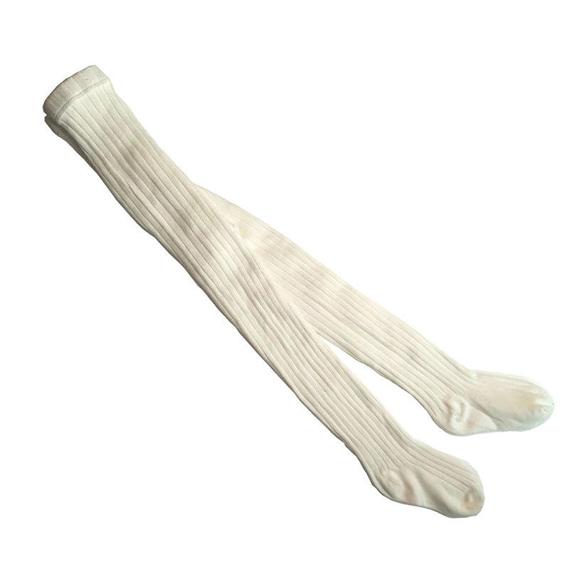 Solid-color Baby Cotton Tights With Ribbed Stripes