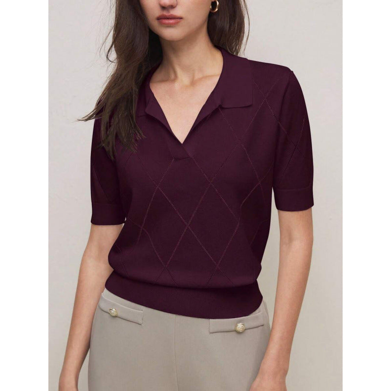 Women's Polo-Neck Diamond-Knit Short-Sleeve Pullover