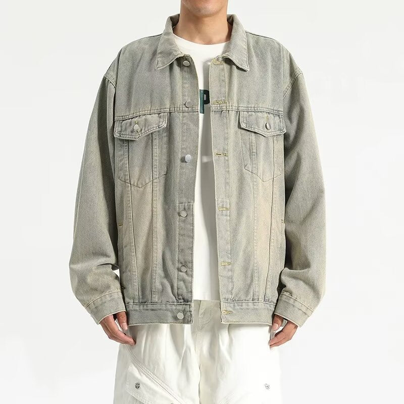 Yellow-ochre Vintage Men's Washed Multi-pocket Design Jacket
