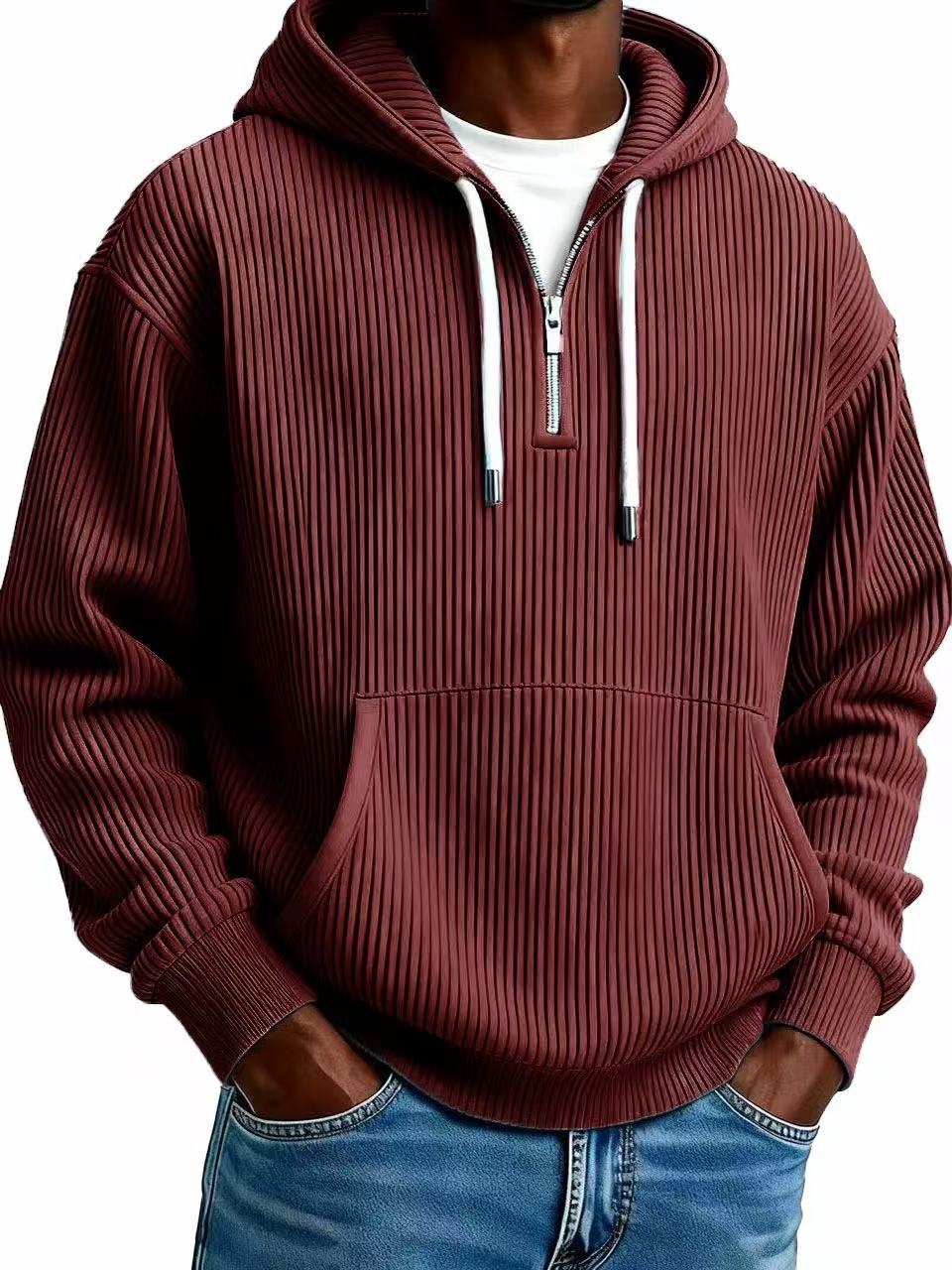 Men's Solid-Colored Corduroy Long-Sleeve Hoodie For Sports And Casual Wear