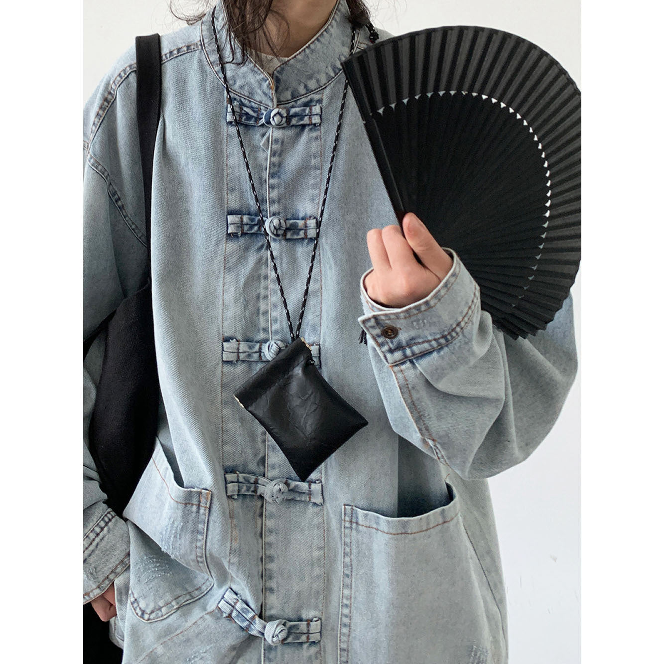 Retro Frog-Button Denim Shirt Unisex Stand-Up Collar Casual Jacket