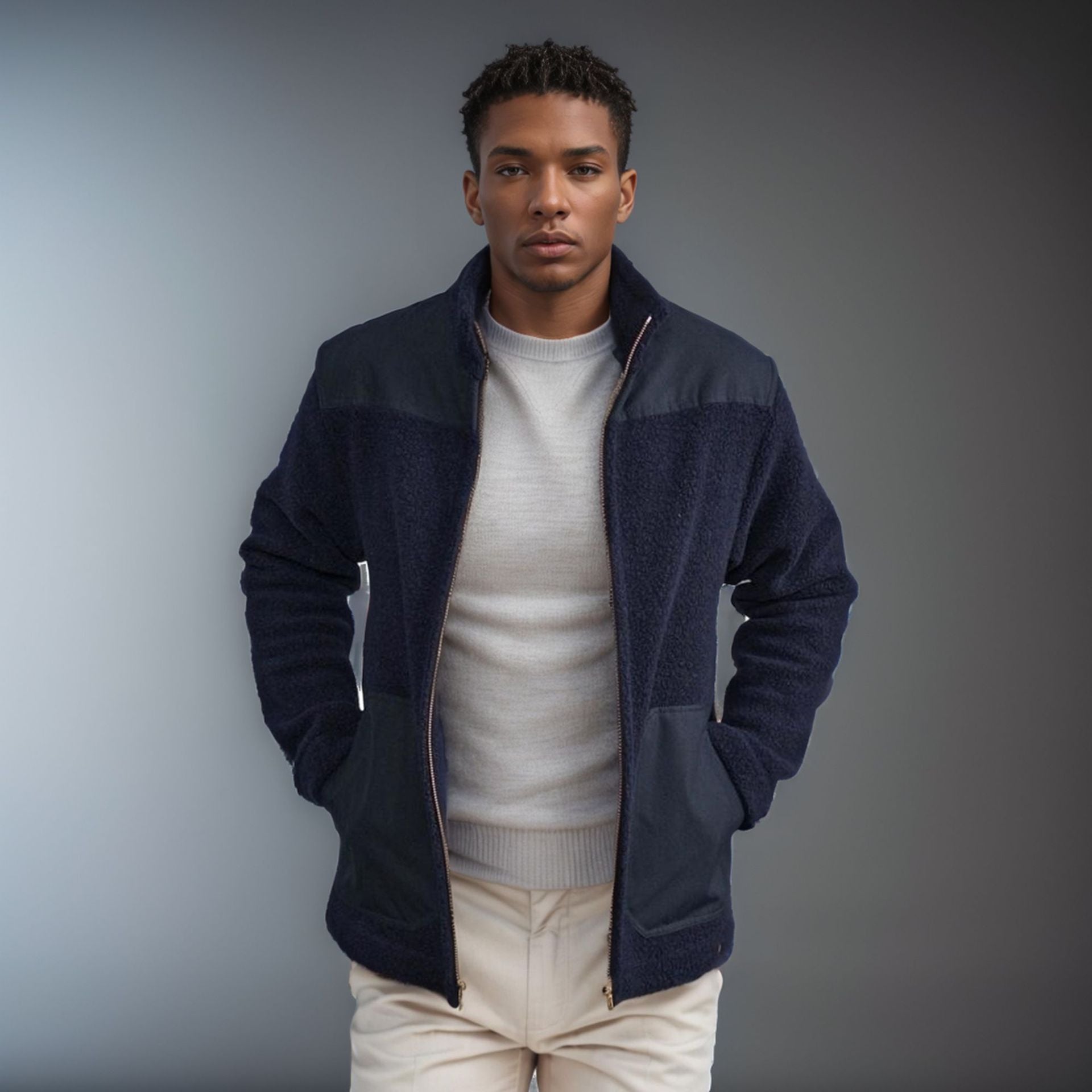 Men's Fleece Patchwork Color-Block Stand-Up Collar Fashion Jacket