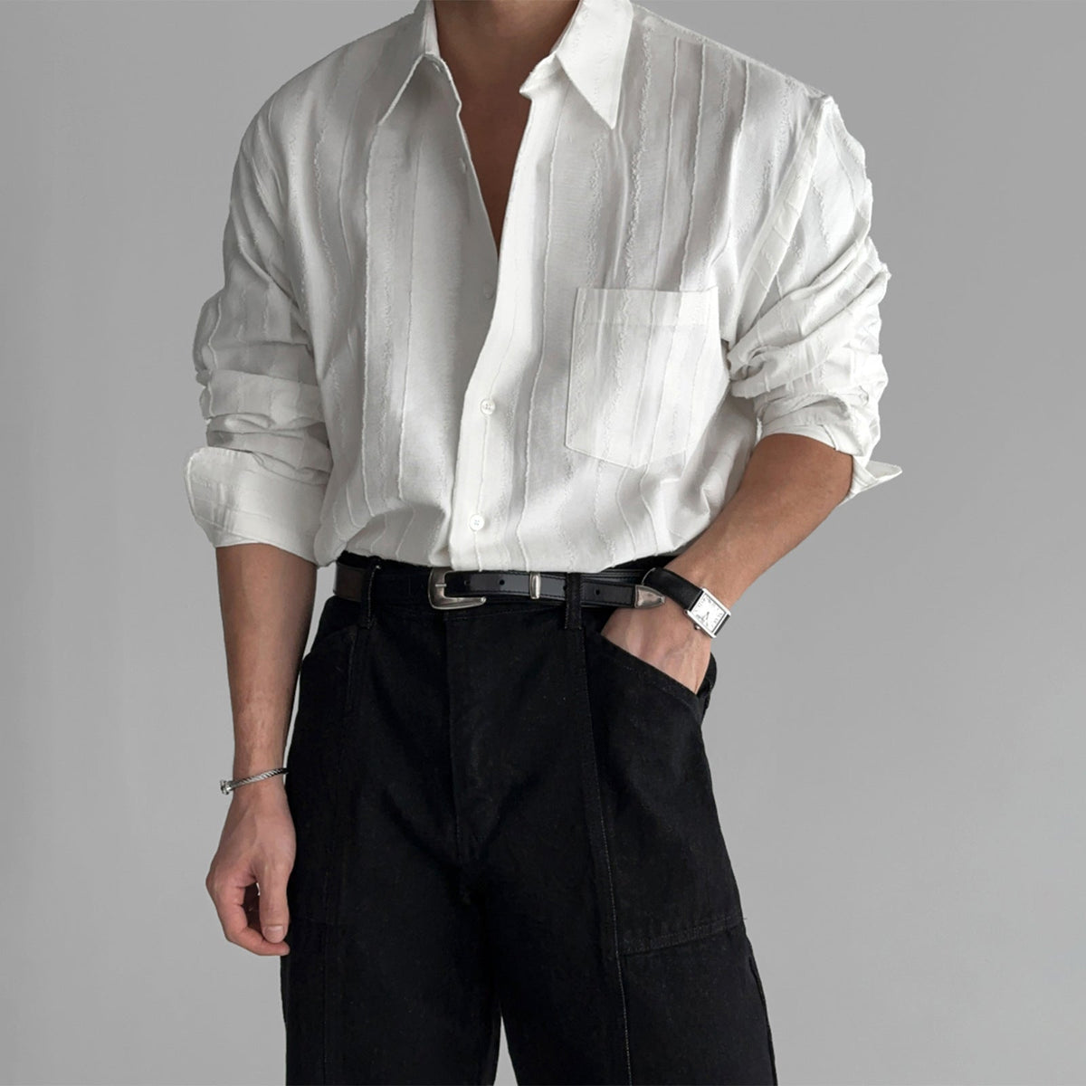 New High-end Textured Wide Solid Color Thin Pocket Long Sleeve Shirt TRENDFLOW